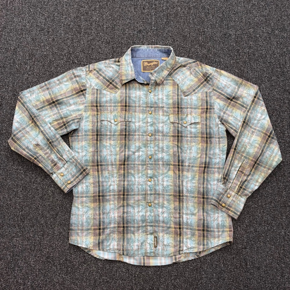Wrangler Retro Western Plaid Paisley Snap Shirt Mens Large Blue fair cowboy